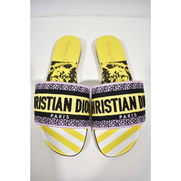 Christian Dior Dway Jungle Yellow Black Embroidered Logo Slide Flat Sandal 36.5 - Picture 7 of 12